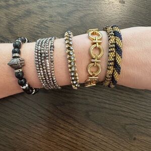 Bundle of Gold, Silver, Black, Blue Beaded Bracelet Set 5 different bracelets